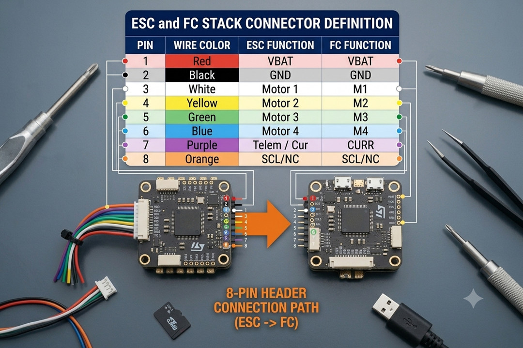 Connect 4‑in‑1 ESC to Flight Controller