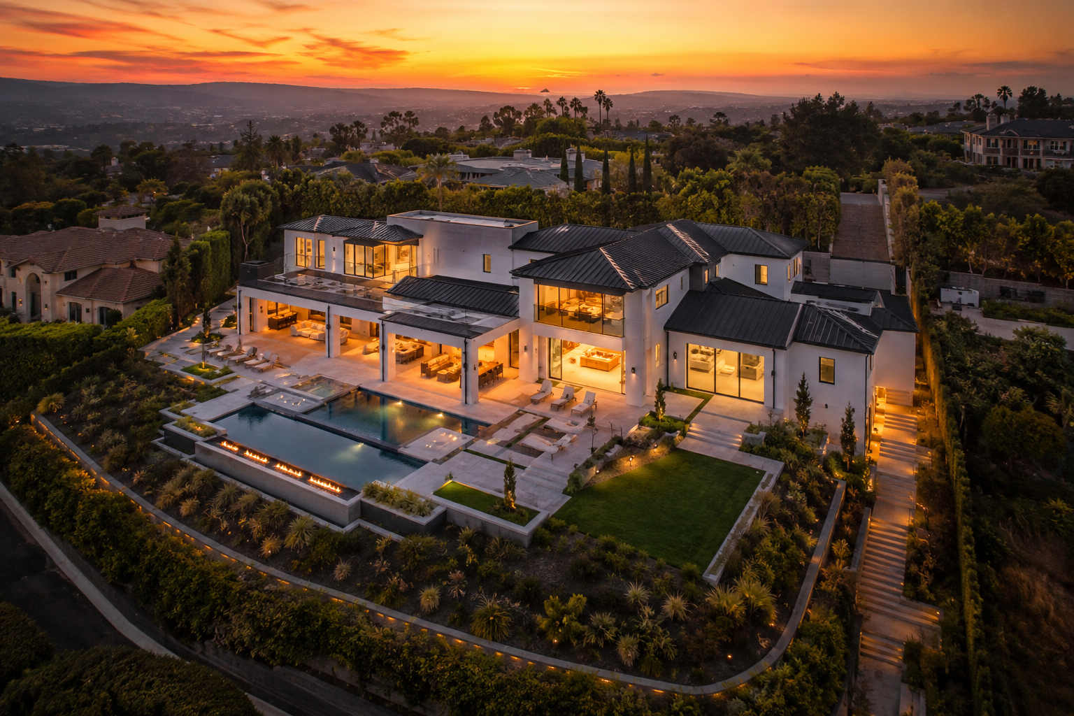 Aerial shot of a morden mansion